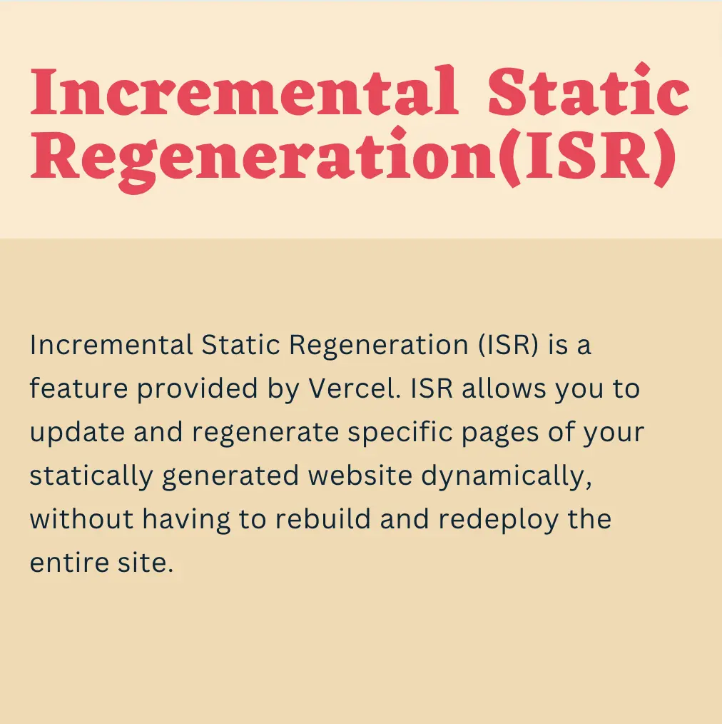 ISR operates by creating a "stale-while-revalidate" mechanism. When a user requests a page that needs to be regenerated, Vercel will serve the previously generated version ("stale") while initiating a background process to generate an updated version ("revalidate").